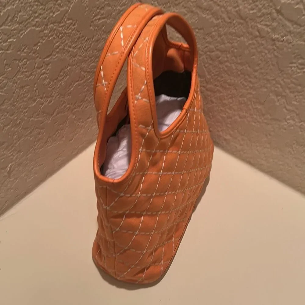 Salvatore Ferragamo Quilted Tote Bag Coral Orange With White Contrast Stitch